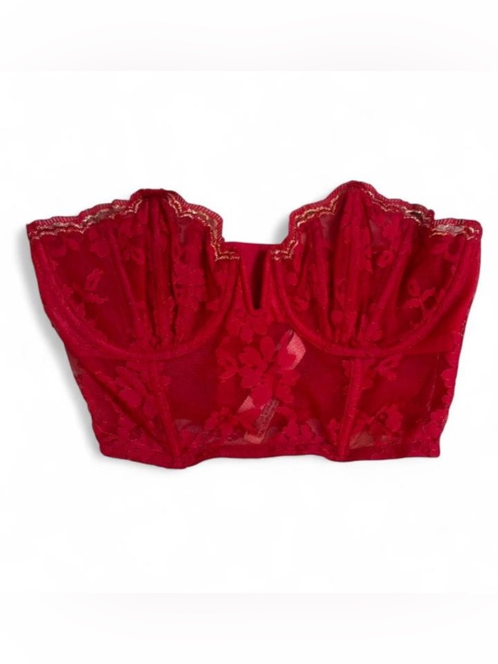 VS Dream Angels Red Lace Gold Trim Bustier Corset Top 32C EUC